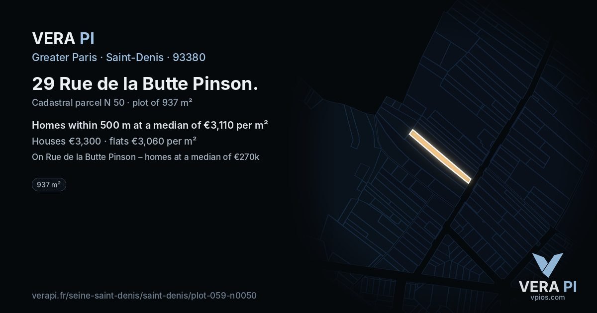 29 Rue de la Butte Pinson, Saint-Denis at night – the plot lit, the parcels around coloured by the prices near them