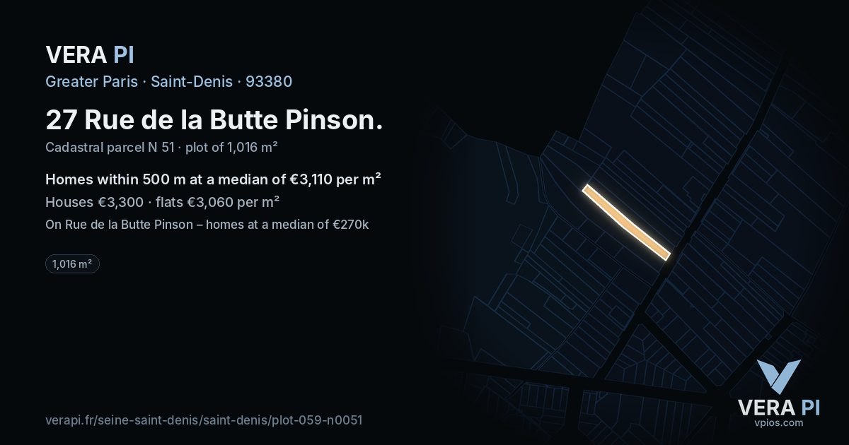 27 Rue de la Butte Pinson, Saint-Denis at night – the plot lit, the parcels around coloured by the prices near them