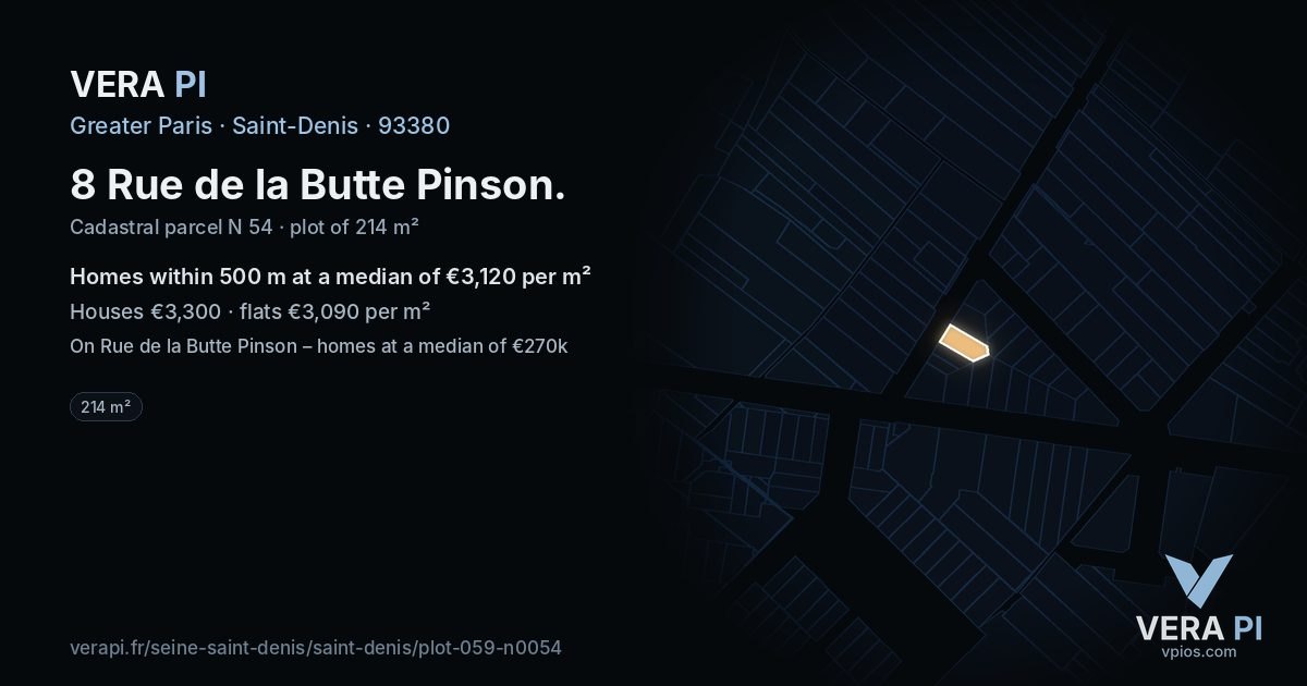 8 Rue de la Butte Pinson, Saint-Denis at night – the plot lit, the parcels around coloured by the prices near them