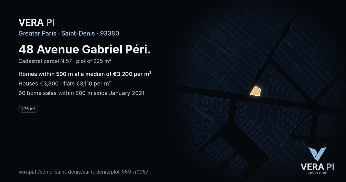 48 Avenue Gabriel Péri, Saint-Denis at night – the plot lit, the parcels around coloured by the prices near them
