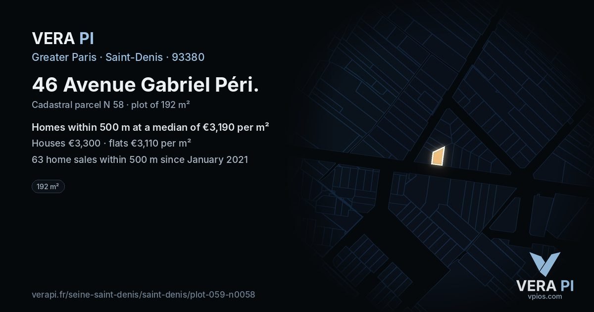 46 Avenue Gabriel Péri, Saint-Denis at night – the plot lit, the parcels around coloured by the prices near them