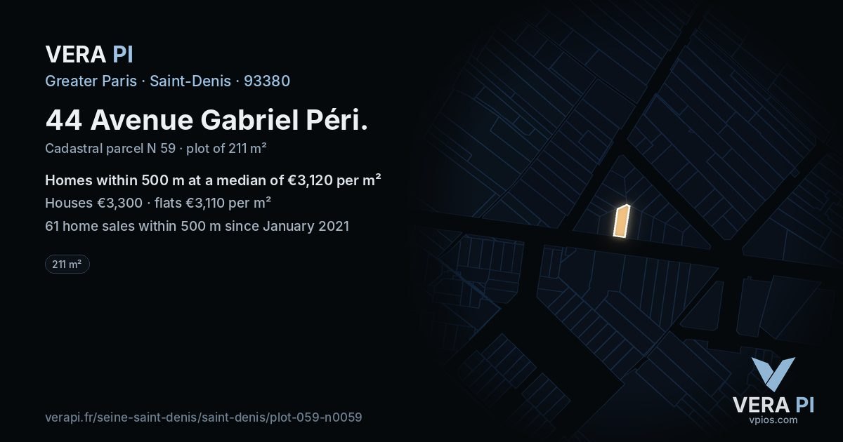 44 Avenue Gabriel Péri, Saint-Denis at night – the plot lit, the parcels around coloured by the prices near them