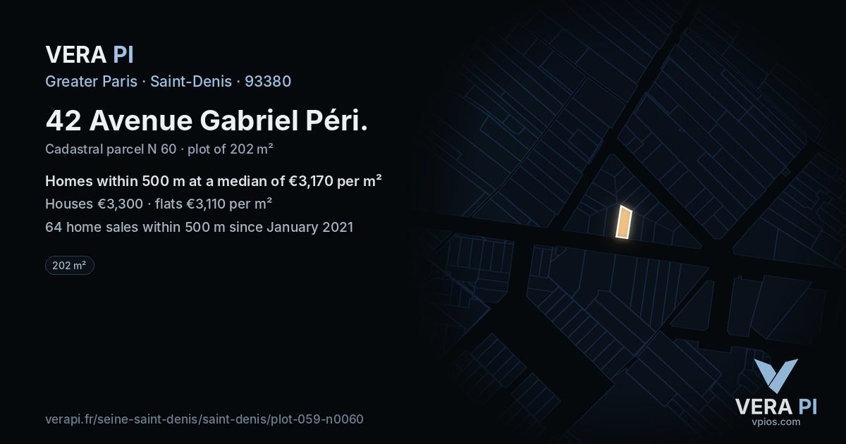 42 Avenue Gabriel Péri, Saint-Denis at night – the plot lit, the parcels around coloured by the prices near them