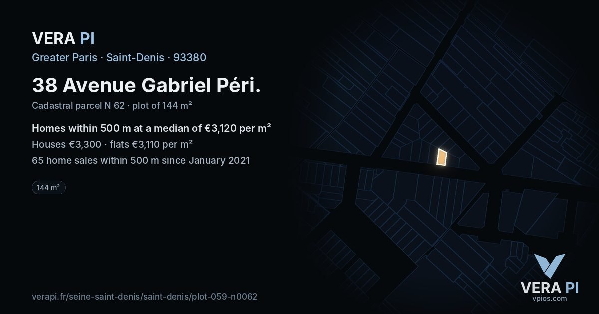 38 Avenue Gabriel Péri, Saint-Denis at night – the plot lit, the parcels around coloured by the prices near them