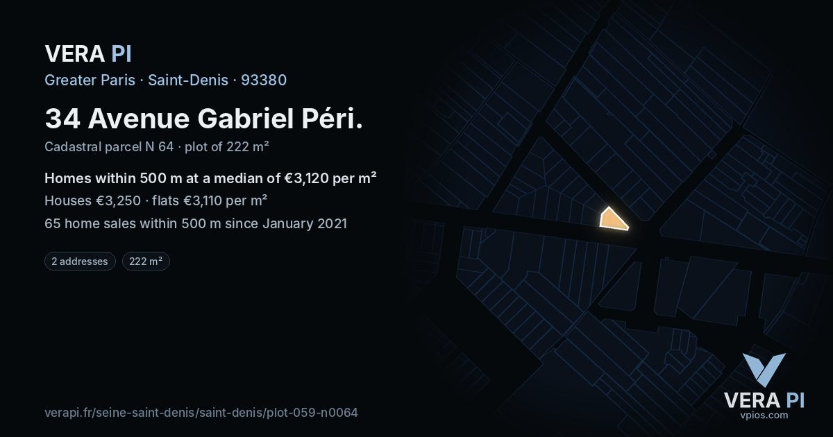 34 Avenue Gabriel Péri, Saint-Denis at night – the plot lit, the parcels around coloured by the prices near them