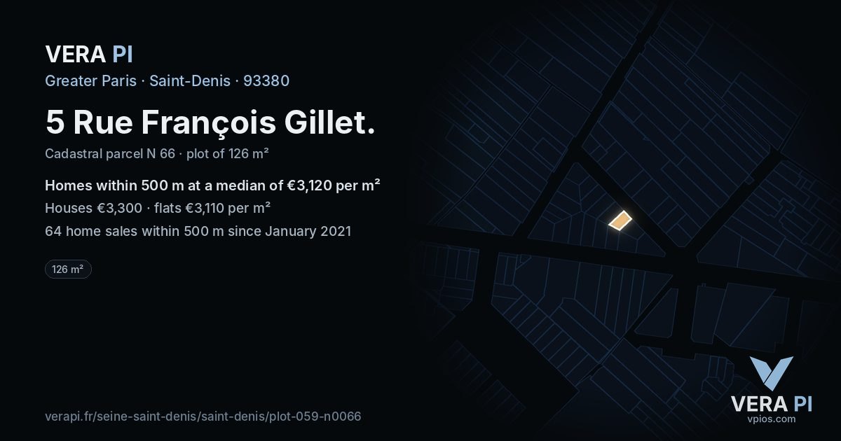5 Rue François Gillet, Saint-Denis at night – the plot lit, the parcels around coloured by the prices near them