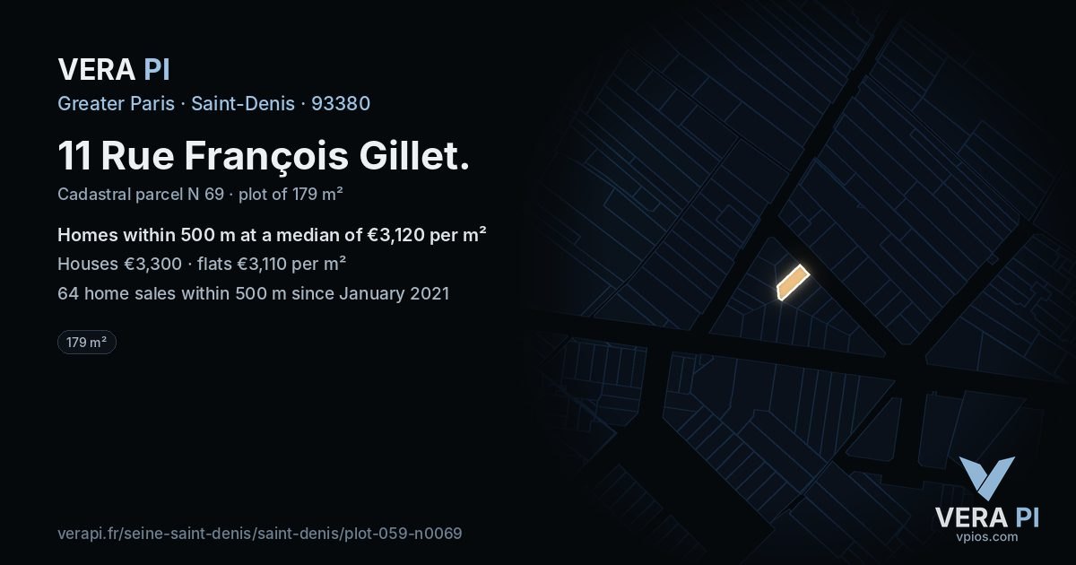 11 Rue François Gillet, Saint-Denis at night – the plot lit, the parcels around coloured by the prices near them