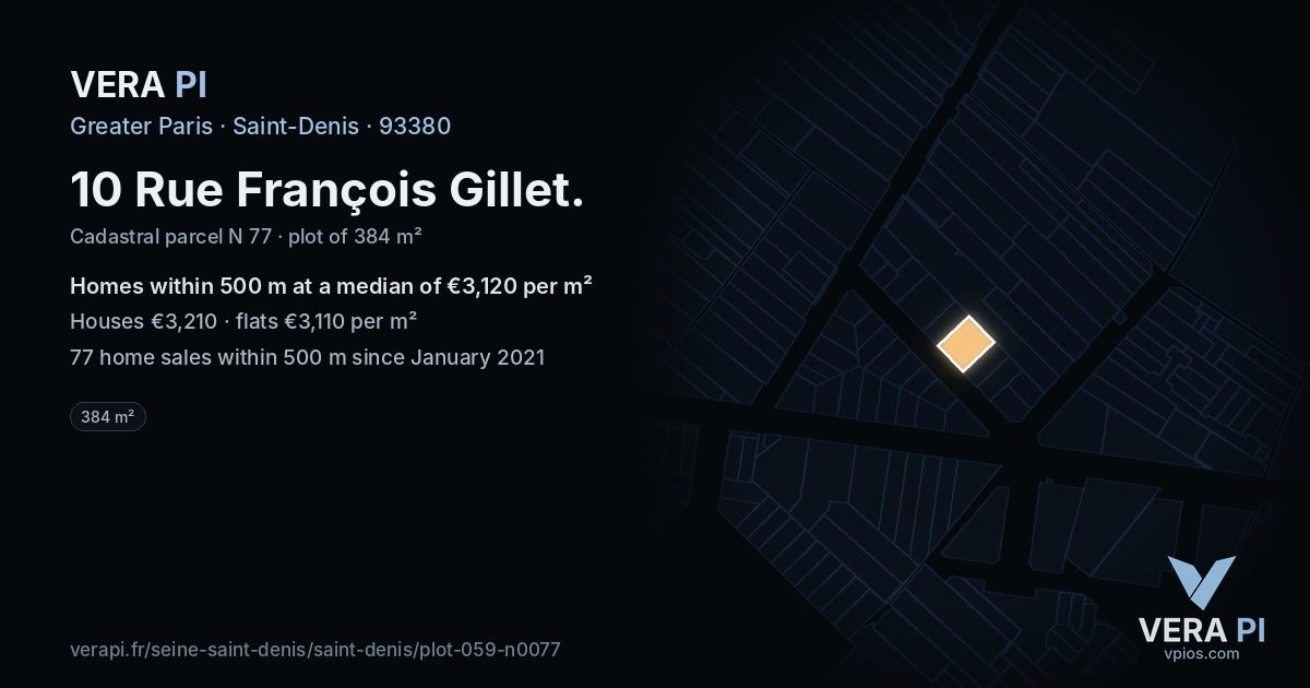 10 Rue François Gillet, Saint-Denis at night – the plot lit, the parcels around coloured by the prices near them