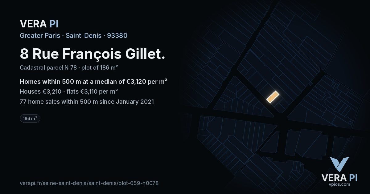 8 Rue François Gillet, Saint-Denis at night – the plot lit, the parcels around coloured by the prices near them