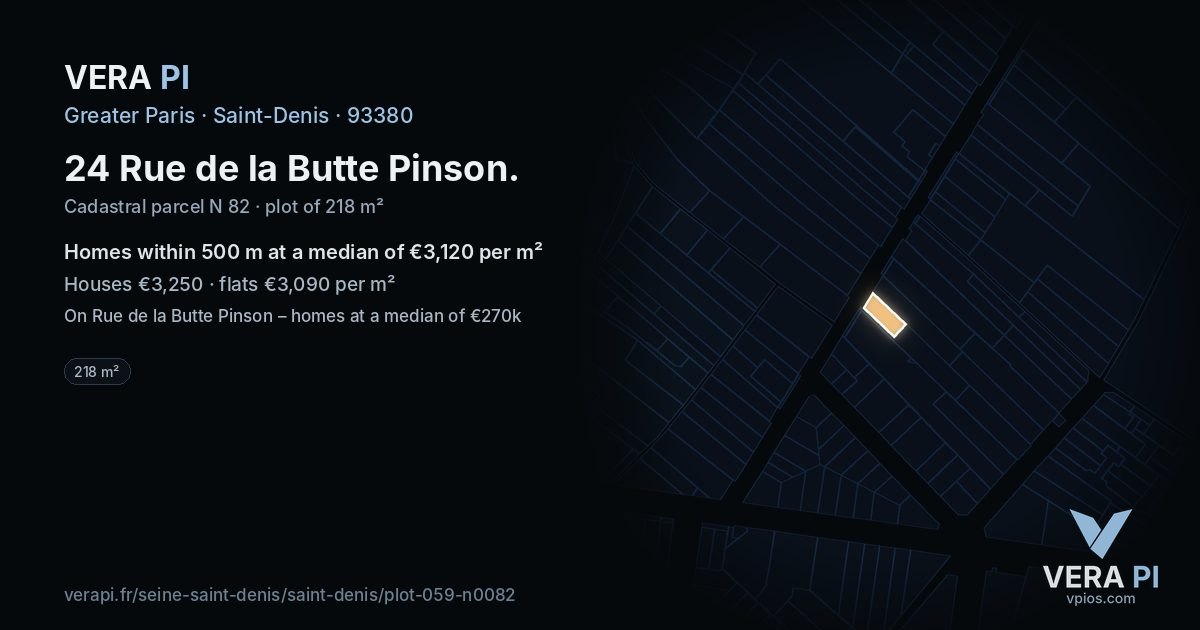 24 Rue de la Butte Pinson, Saint-Denis at night – the plot lit, the parcels around coloured by the prices near them