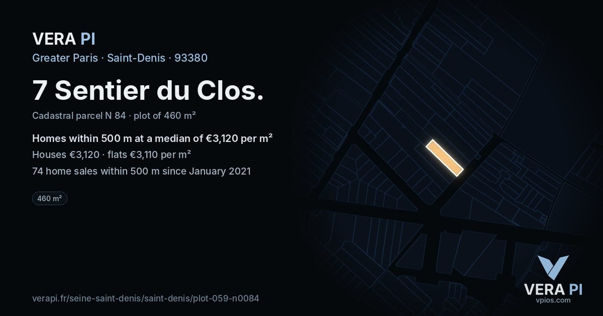 7 Sentier du Clos, Saint-Denis at night – the plot lit, the parcels around coloured by the prices near them