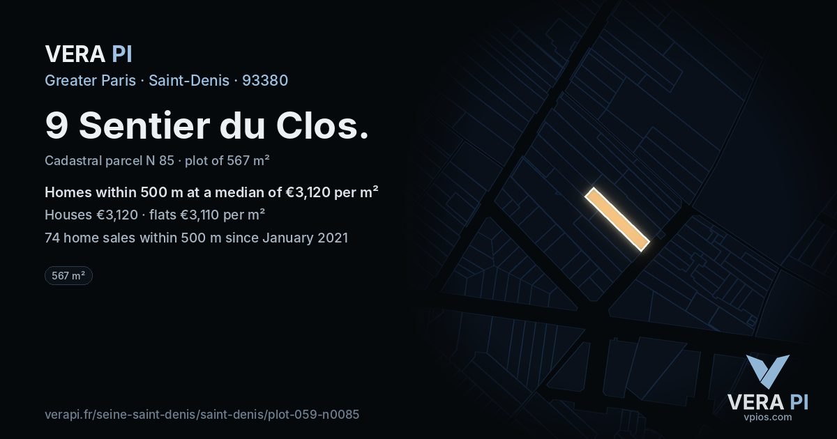 9 Sentier du Clos, Saint-Denis at night – the plot lit, the parcels around coloured by the prices near them
