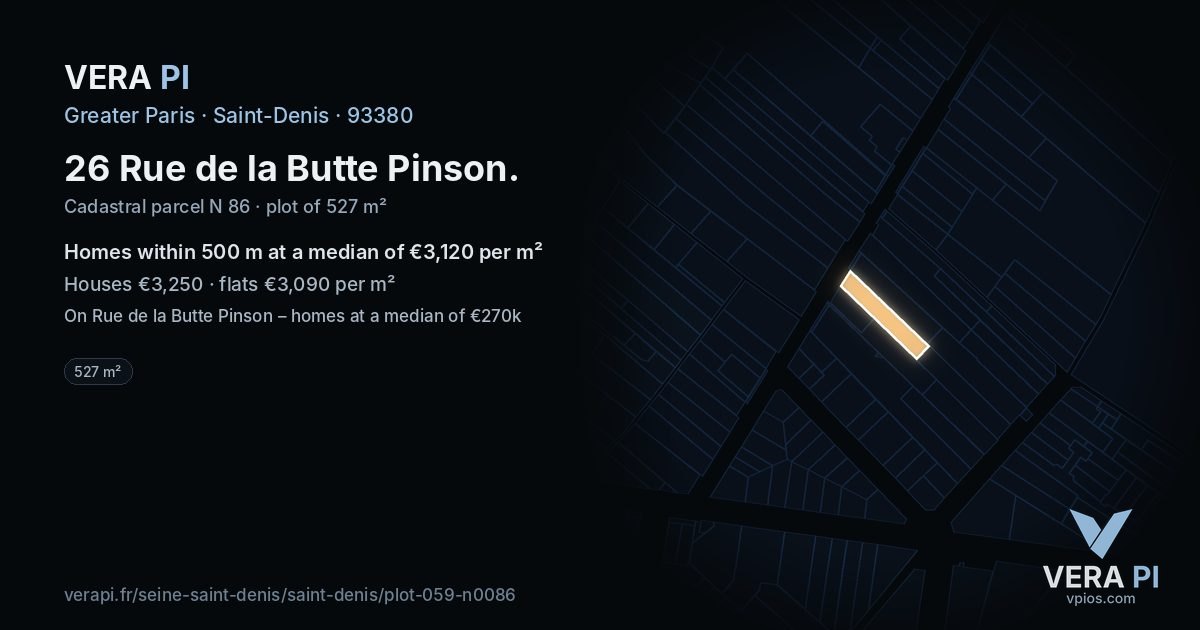 26 Rue de la Butte Pinson, Saint-Denis at night – the plot lit, the parcels around coloured by the prices near them