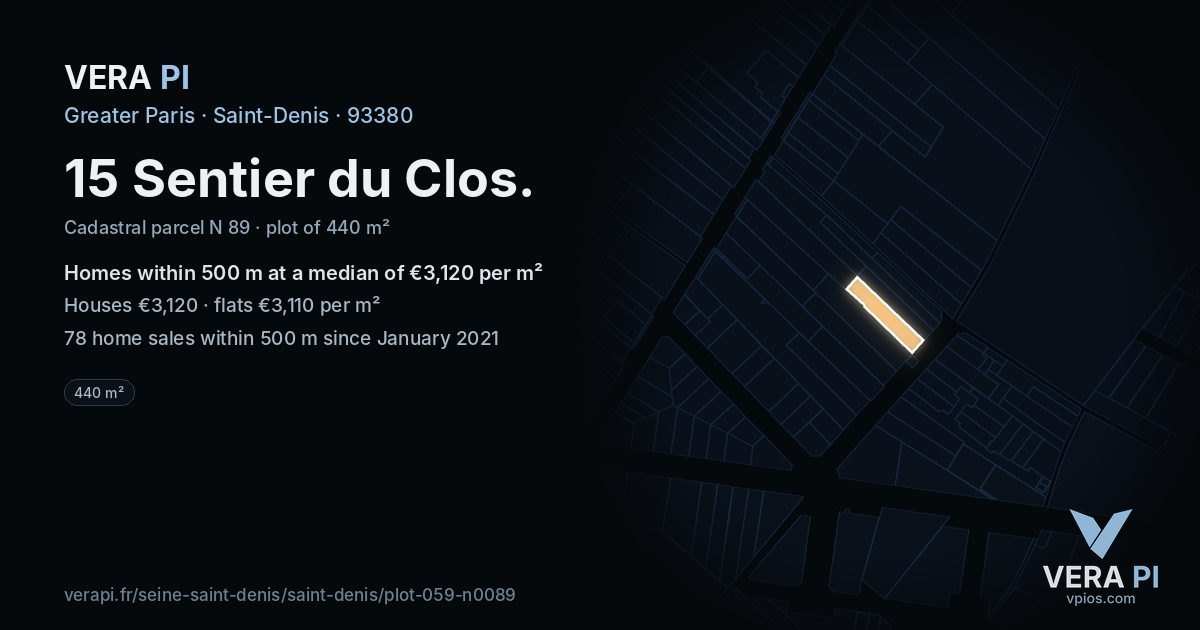 15 Sentier du Clos, Saint-Denis at night – the plot lit, the parcels around coloured by the prices near them