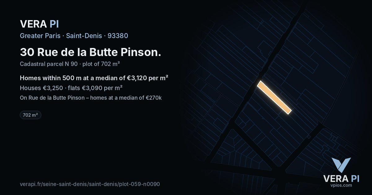 30 Rue de la Butte Pinson, Saint-Denis at night – the plot lit, the parcels around coloured by the prices near them