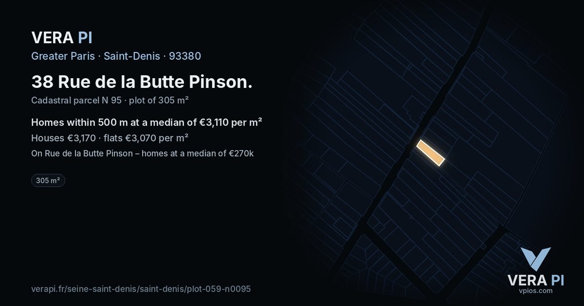 38 Rue de la Butte Pinson, Saint-Denis at night – the plot lit, the parcels around coloured by the prices near them