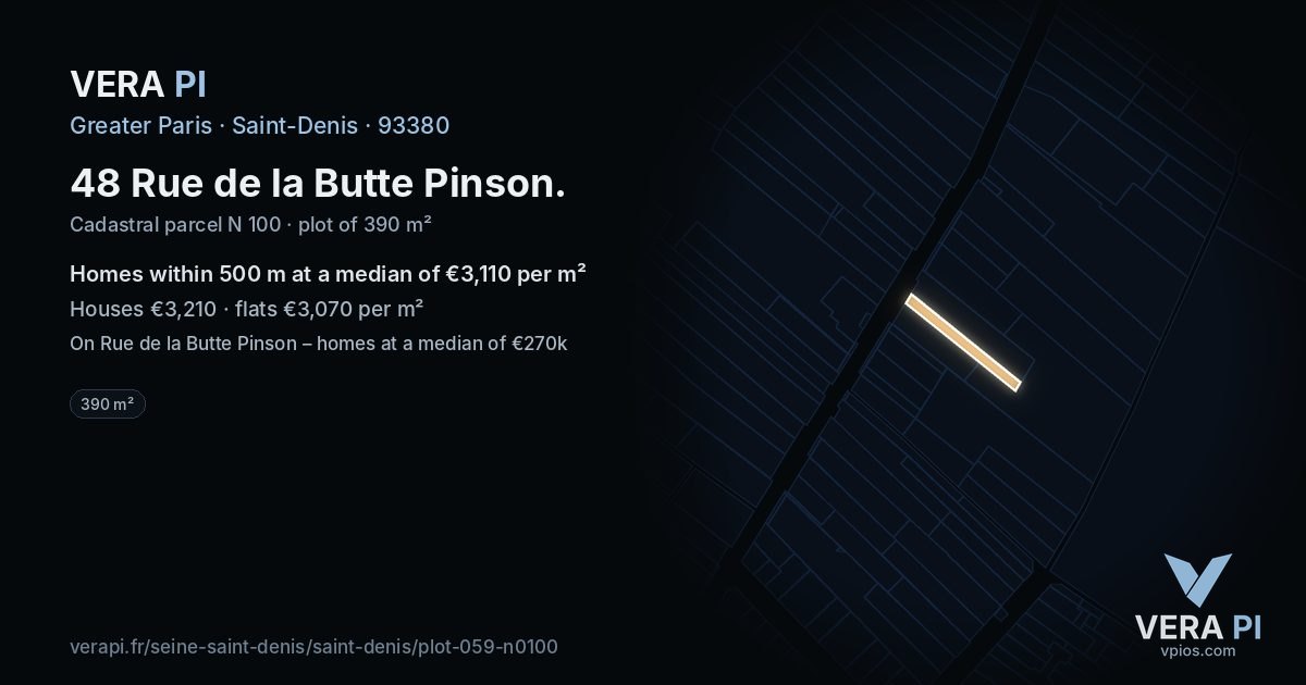 48 Rue de la Butte Pinson, Saint-Denis at night – the plot lit, the parcels around coloured by the prices near them