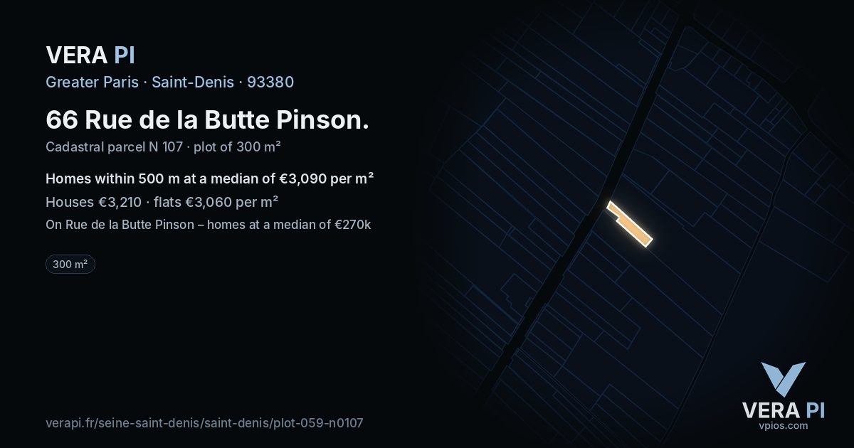 66 Rue de la Butte Pinson, Saint-Denis at night – the plot lit, the parcels around coloured by the prices near them