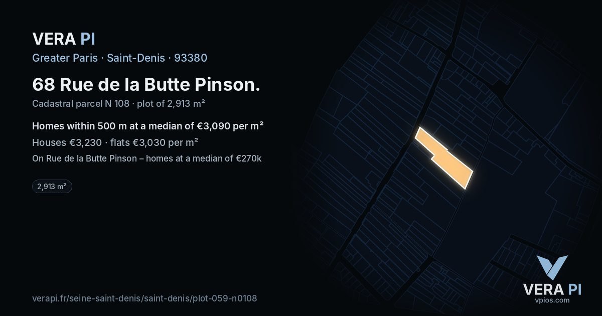 68 Rue de la Butte Pinson, Saint-Denis at night – the plot lit, the parcels around coloured by the prices near them