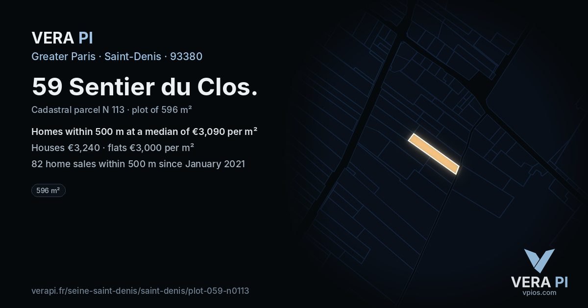 59 Sentier du Clos, Saint-Denis at night – the plot lit, the parcels around coloured by the prices near them