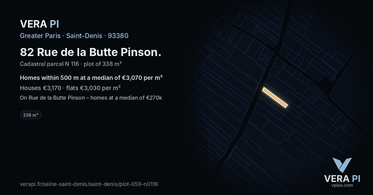 82 Rue de la Butte Pinson, Saint-Denis at night – the plot lit, the parcels around coloured by the prices near them
