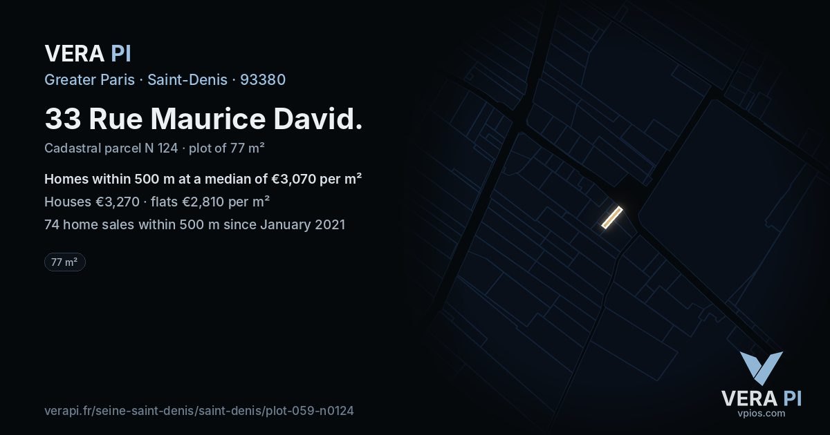33 Rue Maurice David, Saint-Denis at night – the plot lit, the parcels around coloured by the prices near them