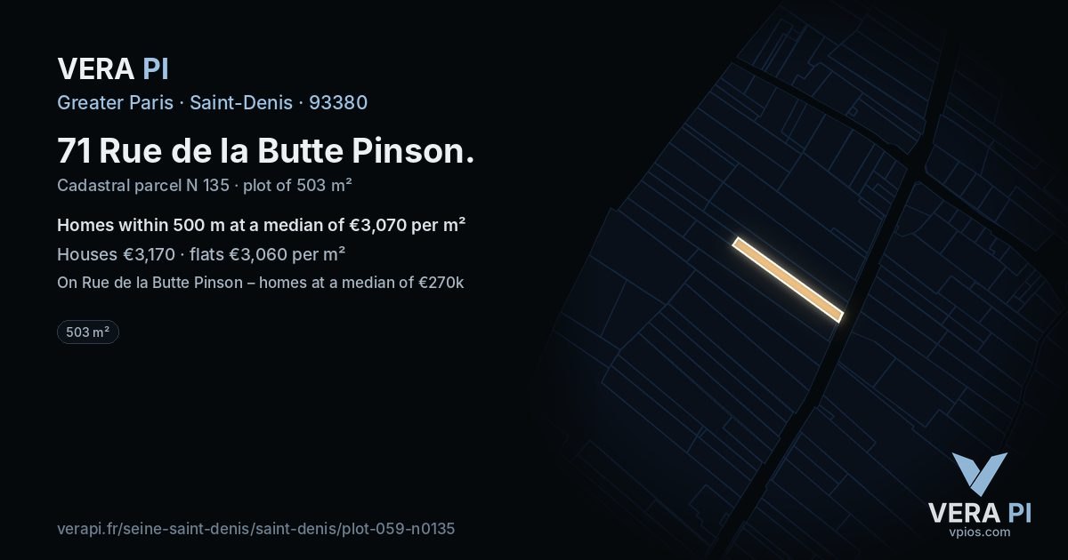 71 Rue de la Butte Pinson, Saint-Denis at night – the plot lit, the parcels around coloured by the prices near them