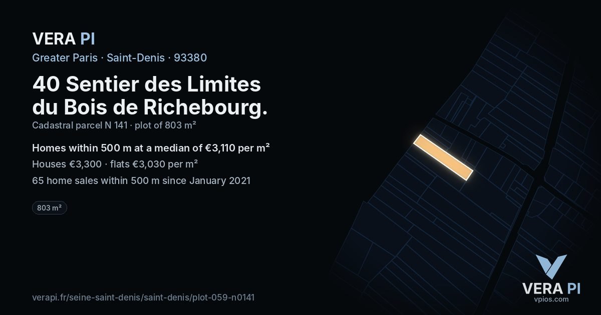 40 Sentier des Limites du Bois de Richebourg, Saint-Denis at night – the plot lit, the parcels around coloured by the prices near them