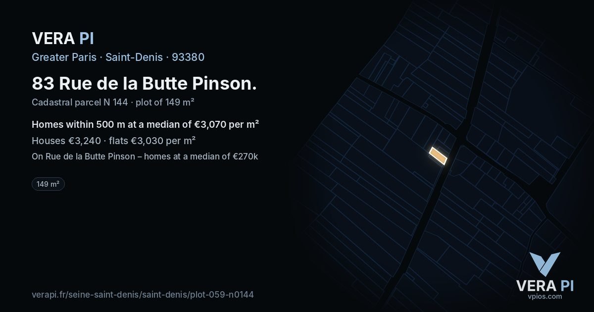 83 Rue de la Butte Pinson, Saint-Denis at night – the plot lit, the parcels around coloured by the prices near them