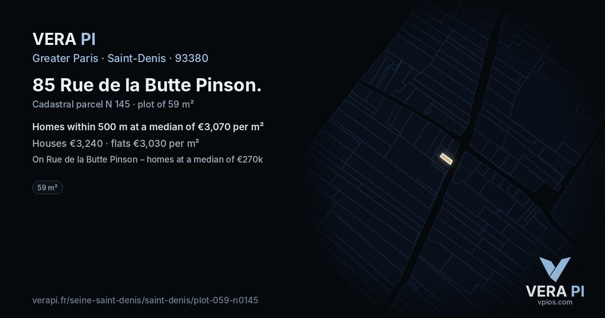 85 Rue de la Butte Pinson, Saint-Denis at night – the plot lit, the parcels around coloured by the prices near them