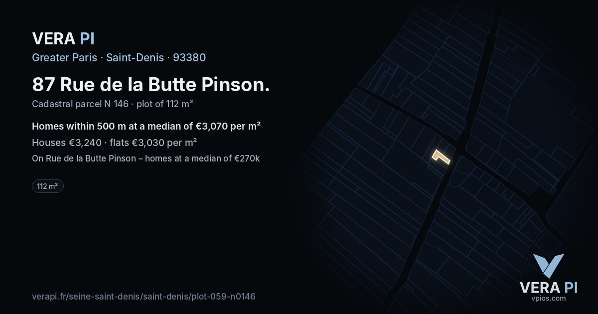 87 Rue de la Butte Pinson, Saint-Denis at night – the plot lit, the parcels around coloured by the prices near them