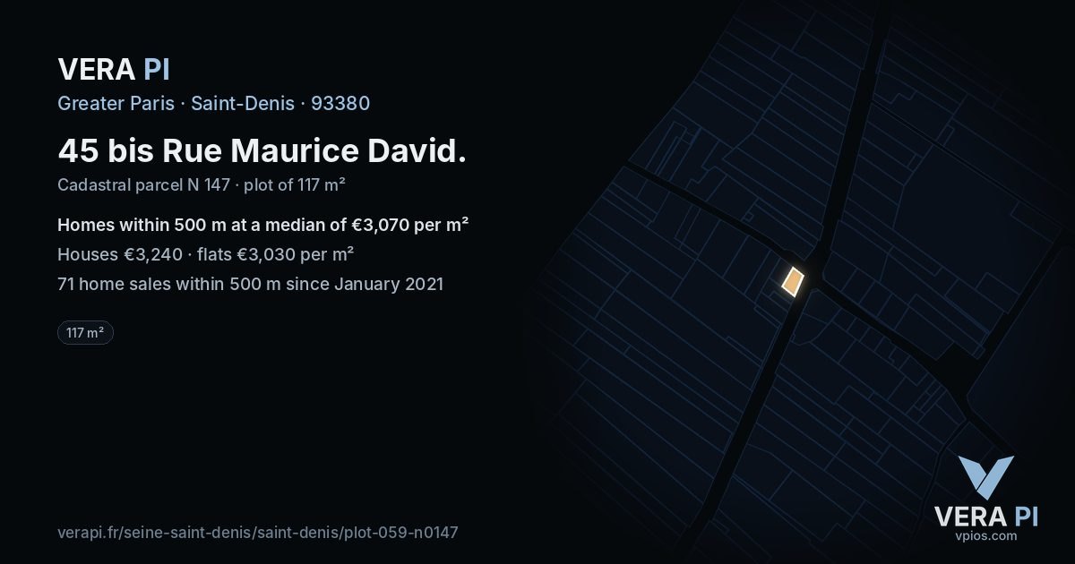 45 bis Rue Maurice David, Saint-Denis at night – the plot lit, the parcels around coloured by the prices near them