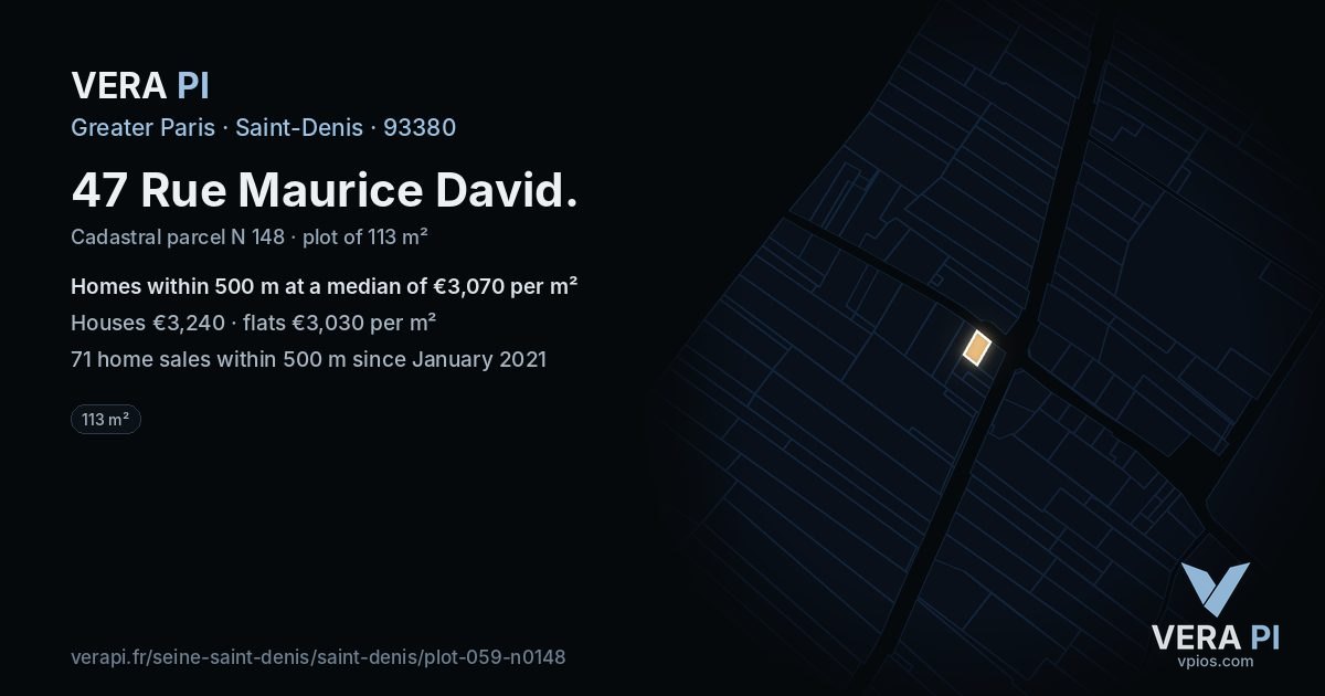 47 Rue Maurice David, Saint-Denis at night – the plot lit, the parcels around coloured by the prices near them