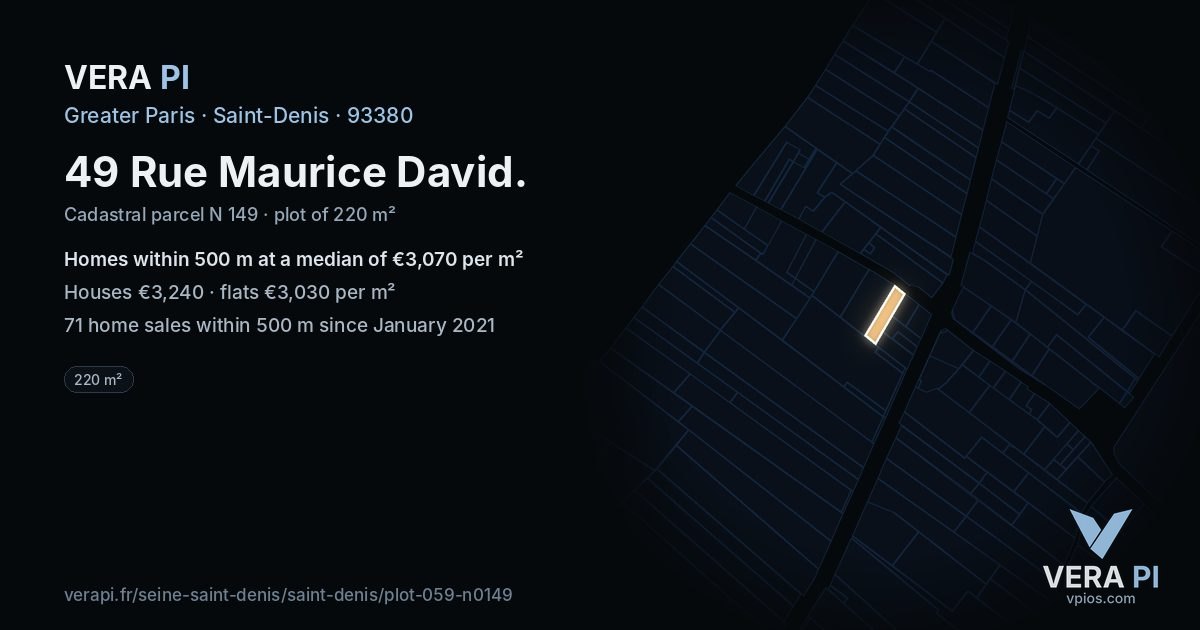 49 Rue Maurice David, Saint-Denis at night – the plot lit, the parcels around coloured by the prices near them