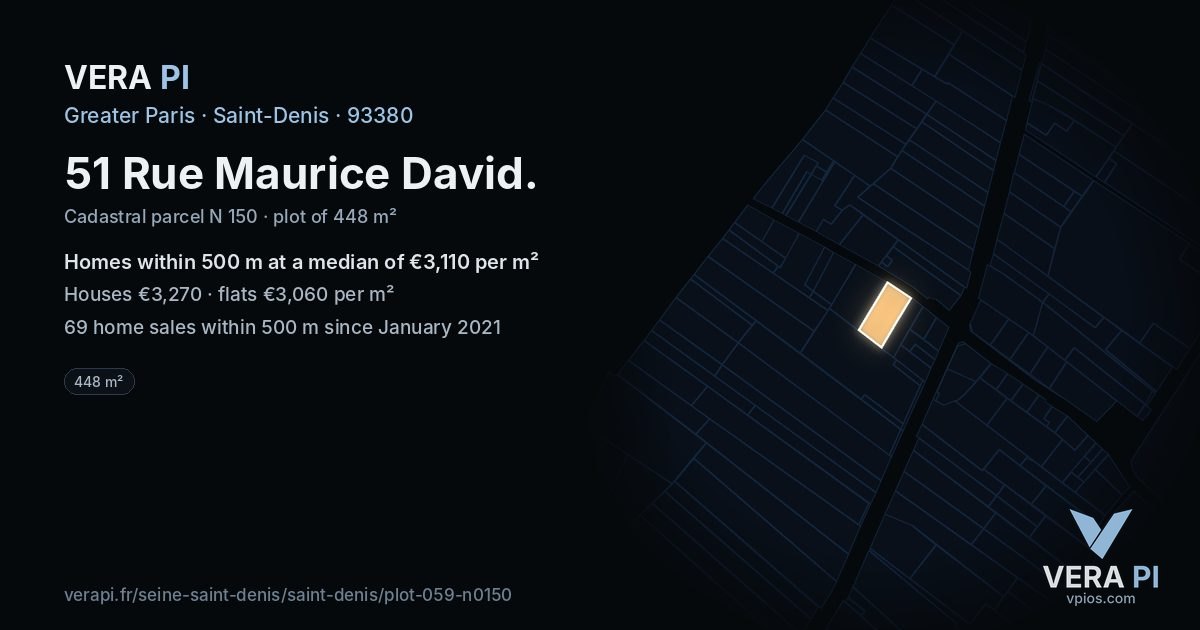 51 Rue Maurice David, Saint-Denis at night – the plot lit, the parcels around coloured by the prices near them