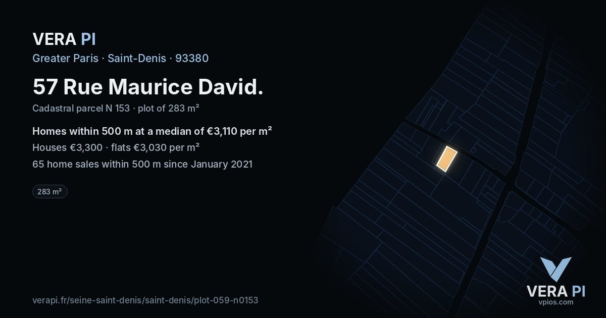 57 Rue Maurice David, Saint-Denis at night – the plot lit, the parcels around coloured by the prices near them