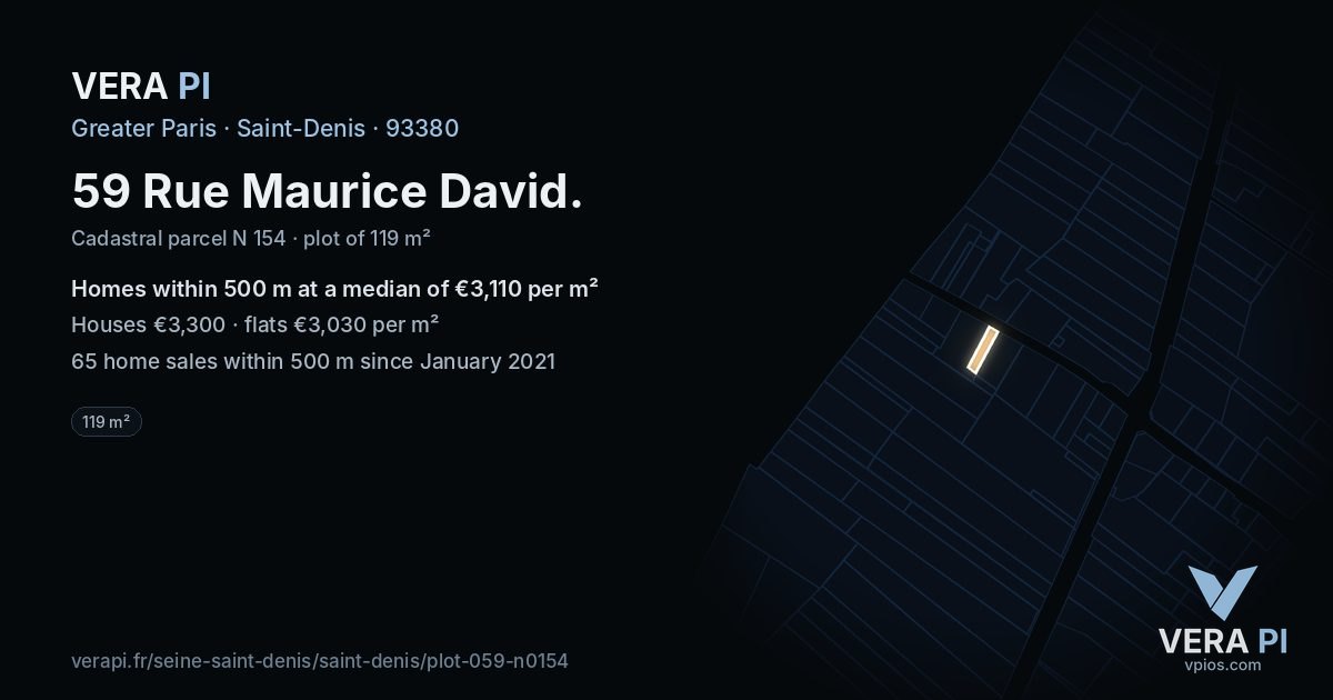 59 Rue Maurice David, Saint-Denis at night – the plot lit, the parcels around coloured by the prices near them