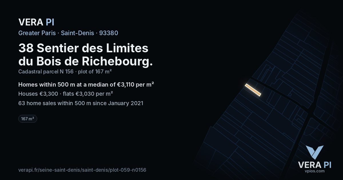 38 Sentier des Limites du Bois de Richebourg, Saint-Denis at night – the plot lit, the parcels around coloured by the prices near them