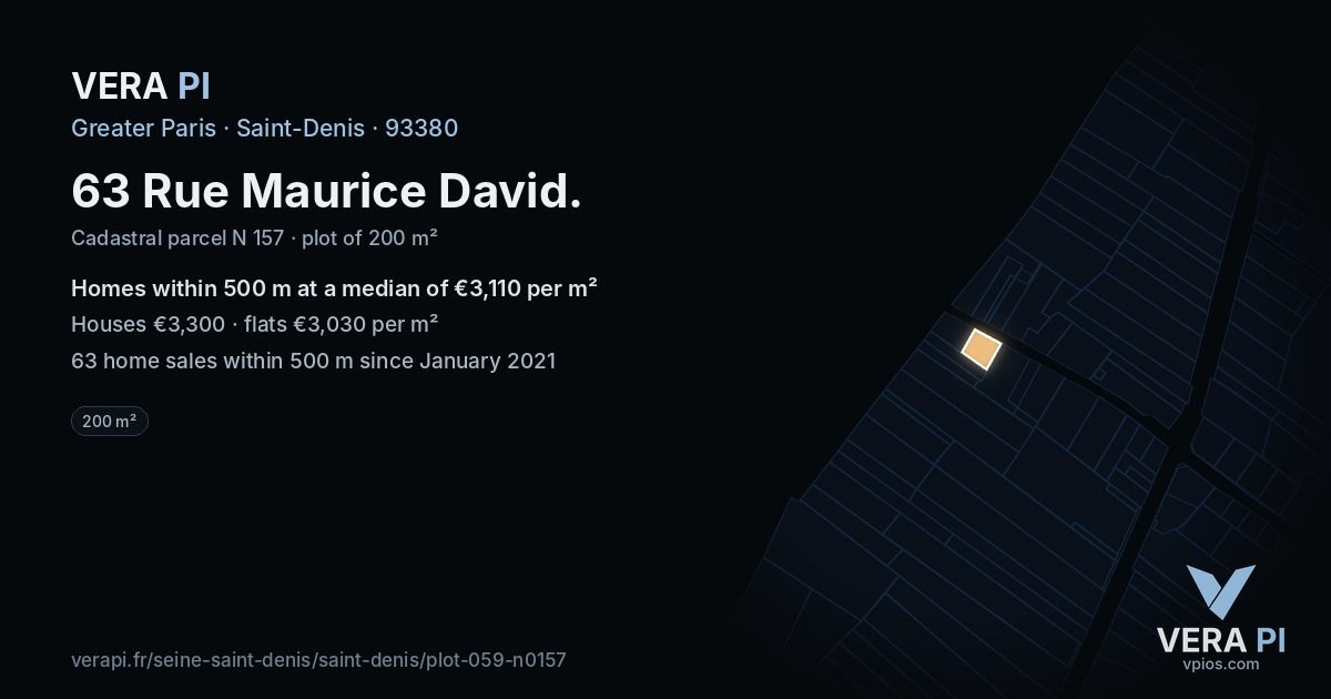 63 Rue Maurice David, Saint-Denis at night – the plot lit, the parcels around coloured by the prices near them