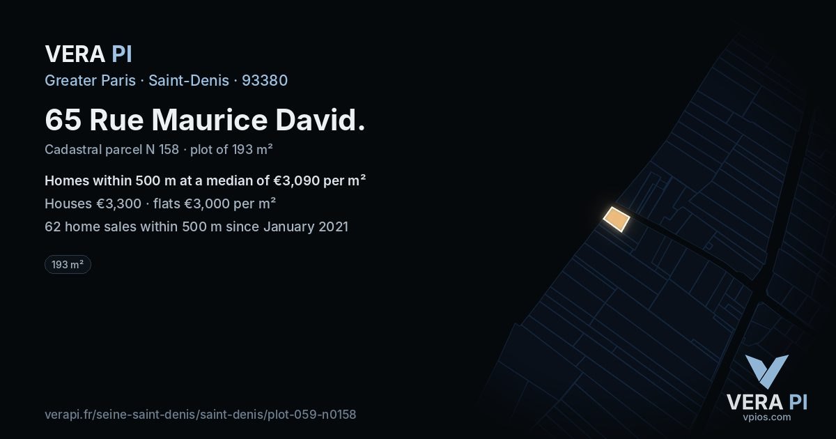 65 Rue Maurice David, Saint-Denis at night – the plot lit, the parcels around coloured by the prices near them