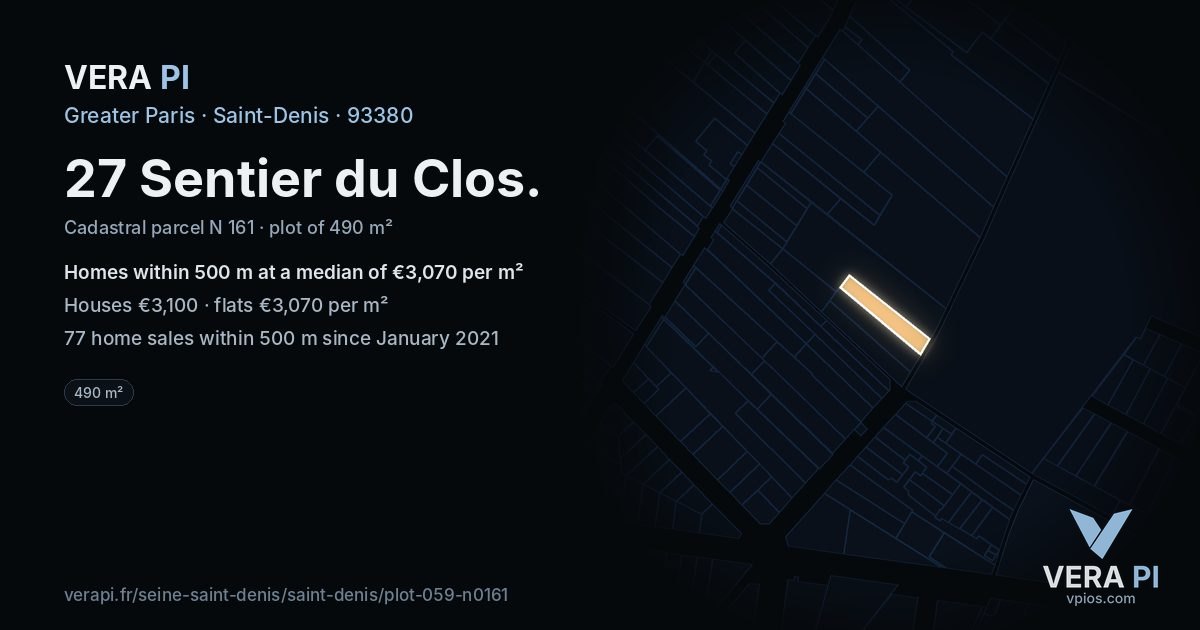 27 Sentier du Clos, Saint-Denis at night – the plot lit, the parcels around coloured by the prices near them