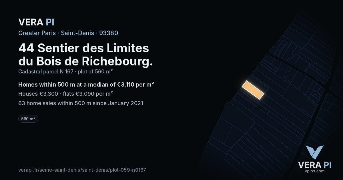 44 Sentier des Limites du Bois de Richebourg, Saint-Denis at night – the plot lit, the parcels around coloured by the prices near them