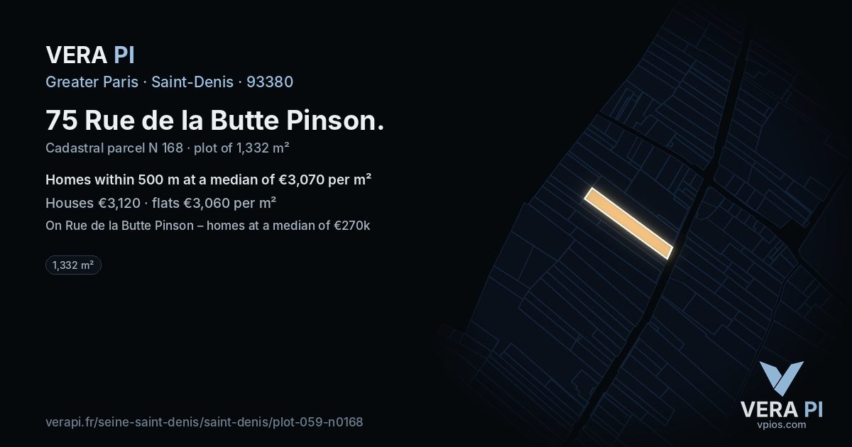 75 Rue de la Butte Pinson, Saint-Denis at night – the plot lit, the parcels around coloured by the prices near them