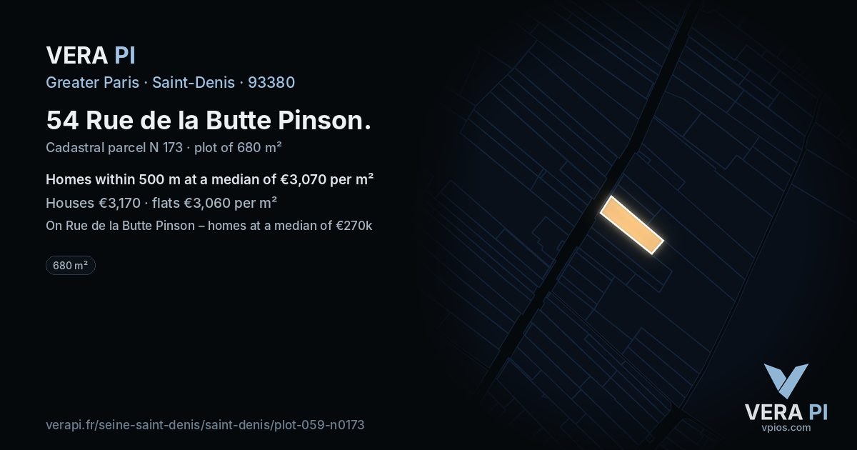 54 Rue de la Butte Pinson, Saint-Denis at night – the plot lit, the parcels around coloured by the prices near them