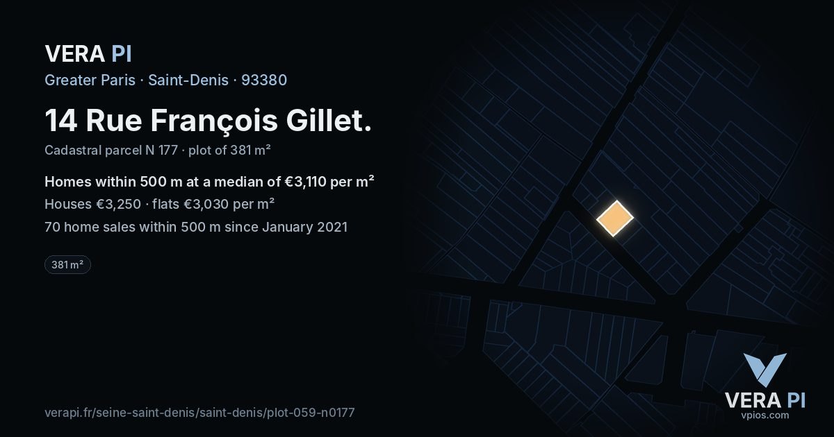 14 Rue François Gillet, Saint-Denis at night – the plot lit, the parcels around coloured by the prices near them
