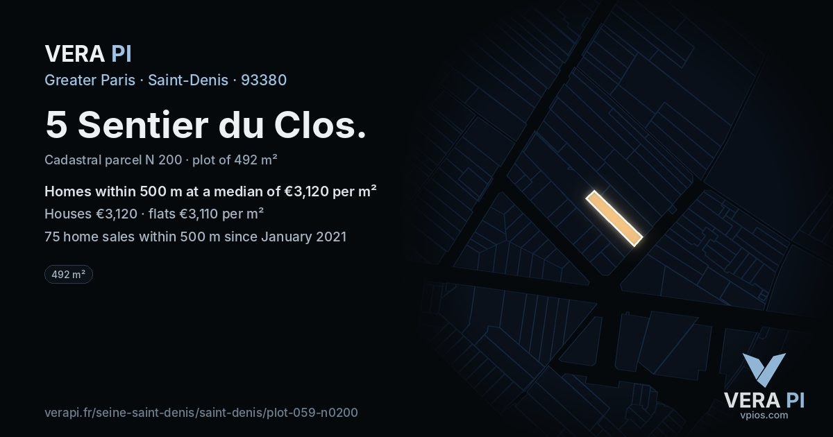 5 Sentier du Clos, Saint-Denis at night – the plot lit, the parcels around coloured by the prices near them