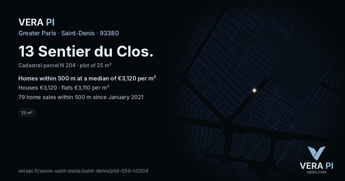 13 Sentier du Clos, Saint-Denis at night – the plot lit, the parcels around coloured by the prices near them