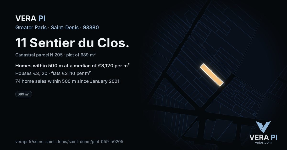 11 Sentier du Clos, Saint-Denis at night – the plot lit, the parcels around coloured by the prices near them