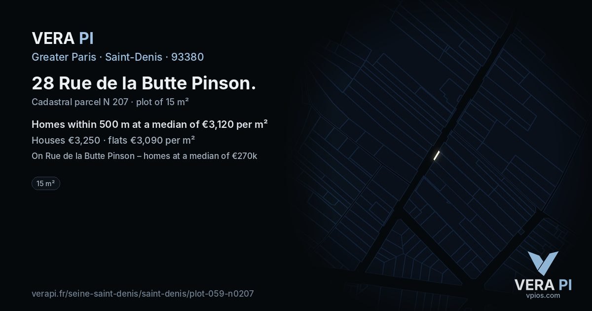 28 Rue de la Butte Pinson, Saint-Denis at night – the plot lit, the parcels around coloured by the prices near them