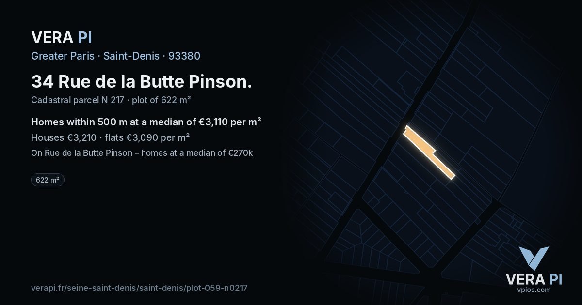 34 Rue de la Butte Pinson, Saint-Denis at night – the plot lit, the parcels around coloured by the prices near them